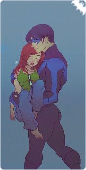 1boy 1girl barbara_gordon batman_(series) black_hair bodysuit carrying couple dc_comics dick_grayson domino_mask eye_mask glasses green_shirt mask nightwing oracle oracle_(dc) orange_hair princess_carry shirt sleeping tank_top