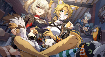 1boy 2girls absurdres animal_ears bangboo_(zenless_zone_zero) barefoot black_jacket blonde_hair blush body_fur bupa_chila burnice_white cat_ears cat_girl cat_tail controller eous_(zenless_zone_zero) fingernails furry furry_female green_eyes highres holding holding_controller jacket multiple_girls playing_games ponytail pulchra_fellini red_eyes sharp_fingernails shirt signature sweatdrop tail toenails toes tongue tongue_out touching_tail twintails white_shirt wise_(zenless_zone_zero) yellow_fur yuri zenless_zone_zero