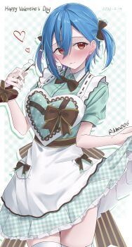 Rule 34 | 1girl, absurdres, apron, aqua shirt, aqua skirt, artist name, blue hair, breasts, commentary request, dated, eyes visible through hair, gingham clothes, gingham skirt, hair between eyes, happy valentine, heart, heart apron, highres, holding, large breasts, looking at viewer, love live!, love live! superstar!!, medium hair, miniskirt, orange eyes, rikka006, shirt, signature, skirt, skirt hold, solo, thighhighs, twintails, waist apron, wakana shiki, white apron, white thighhighs, zettai ryouiki