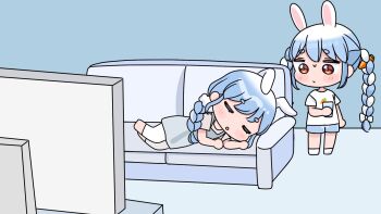 2girls :o animal_ears apron blue_hair blue_shorts blush_stickers bow braid brown_shirt carrot_hair_ornament chibi closed_eyes closed_mouth couch cup drinking_glass ears_down flat_screen_tv food-themed_hair_ornament grey_apron hair_bow hair_ornament highres holding holding_cup hololive indoors long_hair lying mochimiko mother_and_daughter multicolored_hair multiple_girls on_couch on_side pants parted_lips pekomama rabbit_ears shirt short_eyebrows short_sleeves shorts sleeping small_sweatdrop socks standing sweat television thick_eyebrows twin_braids twintails two-tone_hair usada_pekora very_long_hair virtual_youtuber water white_bow white_hair white_pants white_shirt white_socks