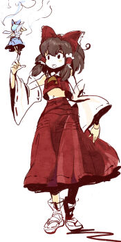 2girls alternate_size ascot blue_bow blue_dress blue_hair bow brown_hair cirno detached_sleeves detached_wings dress fairy frilled_bow frilled_hair_tubes frills hair_bow hair_tubes hakurei_reimu highres ice ice_wings looking_at_another midriff multiple_girls nontraditional_miko red_bow red_skirt ribbon-trimmed_sleeves ribbon_trim skirt skirt_set standing_on_finger steam tcmk touhou wings yellow_ascot