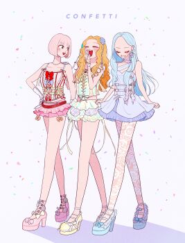 3girls absurdres ameco_(nanmoneena) animification belt blue_belt blue_bow blue_dress blue_hair blue_shoes blush bow bow_earrings breasts closed_eyes confetti confetti_(misamo) covering_own_mouth dress earrings eyeshadow facing_up flat_chest hair_behind_ear highres idol_clothes jewelry laughing long_hair looking_to_the_side makeup mina_(twice) misamo momo_(twice) multiple_girls orange_bow parted_lips pink_bow pink_dress pink_shoes platform_heels purple_eyes real_life red_eyeshadow ribbon sana_(twice) shirt shoes skirt sleeveless sleeveless_shirt small_breasts smile song_name twice_(group) v-shaped_eyebrows white_bow yellow_belt yellow_shirt yellow_shoes yellow_skirt