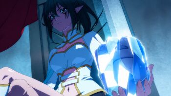 1girl absurdres breasts cape cleavage closed_mouth crossed_legs cup detached_sleeves drinking_glass elf ellenor_ljos_alf_(tsue_to_tsurugi_no_wistoria) female_focus green_eyes green_hair highres holding holding_cup ice indoors long_hair long_sleeves looking_down looking_to_the_side medium_breasts midriff navel pointy_ears ponytail red_cape sitting solo stomach throne tsue_to_tsurugi_no_wistoria vest white_cape white_vest