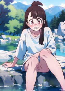 1girl black_hair bottomless highres kagari_atsuko little_witch_academia no_panties pussy pussy_peek river shirt sitting smile solo tanquito uncensored white_shirt