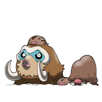 animal_focus blacknirrow closed_eyes evolutionary_line gen_2_pokemon gen_4_pokemon hair_over_eyes mamoswine nintendo no_humans piloswine pokemon pokemon_(creature) pokemon_focus simple_background snow swinub tusks white_background