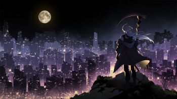 a_date_with_death atmospheric_perspective black_boots boots bush casper_(a_date_with_death) city_lights cityscape flower from_behind full_body full_moon glowing gradient_sky grass highres hill holding holding_scythe jacket jacket_partially_removed jellyfish_cut moon night night_sky non-web_source official_art on_grass scenery scythe silhouette sky sleeveless sleeveless_turtleneck standing turtleneck variant_set white_hair