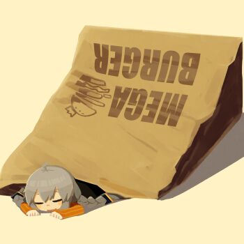 Rule 34 | 1girl, bag, blush stickers, braid, closed eyes, commentary request, elbow gloves, fingerless gloves, gloves, grey hair, hair tubes, highres, in bag, in container, kizuna akari, konohoshi, long hair, lying, mini person, minigirl, on stomach, open mouth, orange gloves, paper bag, sleeping, solo, striped clothes, striped gloves, twin braids, very long hair, vocaloid, voiceroid, yellow background