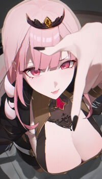 1girl absurdres black_cape black_dress black_nails black_tiara breasts cape cleavage close-up d4kou16 dress from_above highres hololive hololive_english large_breasts long_hair looking_at_viewer mori_calliope mori_calliope_(1st_costume) pink_eyes pink_hair shoulder_spikes solo spiked_cape spikes tiara veil virtual_youtuber