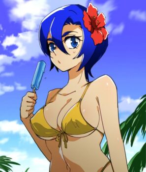 1girl after_war_gundam_x bikini breasts cleavage cloud flower food gundam hair_flower hair_ornament hcsb holding holding_food holding_popsicle large_breasts looking_at_viewer navel outdoors pala_sys popsicle protected_link short_hair solo swimsuit yellow_bikini
