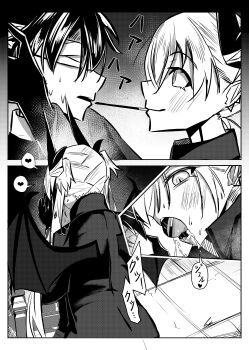 1boy 1girl absurdres bat_wings blindfold blush fate/grand_order fate_(series) food food_in_mouth french_kiss fujimaru_ritsuka_(male) greyscale gudagudaman highres kiss lilith_(fate) lilith_(second_ascension)_(fate) long_hair monochrome pocky pocky_in_mouth pocky_kiss shared_food short_hair twintails wings