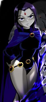 1girl 8log4icy absurdres aura bare_tree bird black_leotard blue_cloak blue_eyes cloak closed_mouth colored_skin commentary crow dark_aura dc_comics english_commentary forehead_jewel grey_skin hand_on_own_hip highres hood hood_down hooded_cloak leotard long_sleeves looking_at_viewer magic purple_hair raven_(dc) short_hair solo teen_titans tree