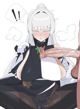 ! !! 1boy 1girl absurdres bandaged_arm bandages blush breasts clothed_female_nude_male colored_eyelashes crossed_legs goddess_of_victory:_nikke hetero highres huge_penis meditation monk nayuta_(nikke) nude penis penis_awe sideboob sweat tea220622 testicles thick_eyelashes uncensored white_background white_eyelashes white_hair