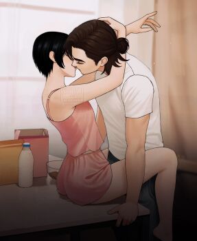 1boy 1girl arms_around_neck artist_name bare_arms bare_shoulders black_hair black_pants blurry blurry_background bottle breasts brown_hair camisole casual closed_eyes counter couple eren_yeager hair_bun hashtag-only_commentary hetero highres imminent_kiss medium_breasts mikasa_ackerman pants parted_bangs pink_camisole pink_shorts shingeki_no_kyojin shirt short_hair shorts sumiensp t-shirt updo white_shirt