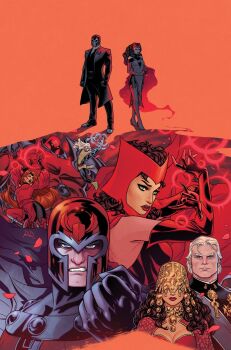Rule 34 | 1boy, 1girl, avengers (series), blue eyes, bodysuit, breasts, brown hair, cape, cleavage, clenched hand, clenched teeth, comic cover, commentary, covered eyes, elbow gloves, english commentary, father and daughter, gloves, green eyes, helmet, highres, magneto, marvel, mature male, multiple persona, muscular, muscular male, official alternate costume, official art, orange background, orange hair, purple cape, purple gloves, red bodysuit, red gloves, red helmet, red lips, russell dauterman, scarlet witch, short hair, superhero costume, teeth, wanda maximoff, white hair, x-men