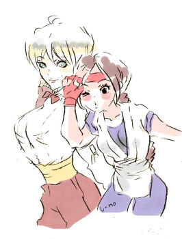 2girls blonde_hair blue_eyes braid breasts brown_hair dougi female_focus formal_clothes karate_gi king_(snk) large_breasts long_hair looking_at_viewer medium_breasts mole multiple_girls pale_skin pants shirt short_hair suit the_king_of_fighters tuxedo u_nondesu333 white_shirt yuri_sakazaki