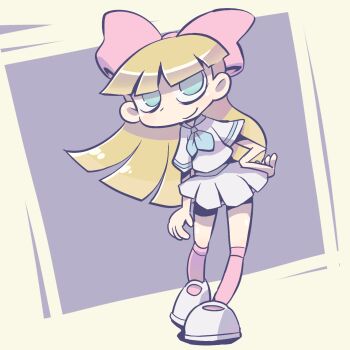 1girl alessandra_(knd) bike_shorts black_bike_shorts blonde_hair blue_eyes blue_neckerchief bow cartoon_network child codename:_kids_next_door delightful_children_from_down_the_lane grey_background grey_shoes grey_skirt hair_bow hand_on_own_hip highres k-nattoh kneehighs leaning_forward long_hair looking_at_viewer mary_janes neckerchief pink_bow pink_socks school_uniform shirt shoes short_sleeves skirt smile socks standing white_shirt