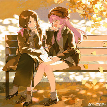 Rule 34 | 2girls, autumn leaves, bang dream!, bang dream! it's mygo!!!!!, bare legs, bench, black jacket, black skirt, blush, brown coat, brown hair, brown hat, brown shoes, chihaya anon, chinese commentary, closed eyes, closed mouth, coat, commentary request, earphones, fang, glasses, grey eyes, grey sweater, hair ribbon, hat, highres, jacket, leaf, long hair, looking at another, multiple girls, nagasaki soyo, on bench, open mouth, outdoors, park bench, pink hair, pink ribbon, ribbon, shared earphones, shoes, sitting, skirt, smile, socks, sweater, turtleneck, turtleneck sweater, white socks, yayako (804907150), yuri