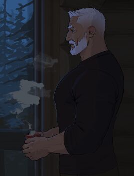 1boy beard black_shirt closed_mouth cup facial_hair from_side full_beard grey_eyes highres holding holding_cup indoors landscape male_focus manly mature_male mug muscular muscular_male night old old_man open_window original sa1k0p shirt short_hair solo steam undercut upper_body white_hair window