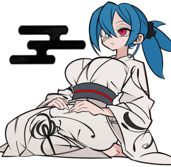 1girl alternate_costume barefoot blue_hair breasts cxdotchison eyepatch hair_over_one_eye hands_on_own_thighs japanese_clothes kimono large_breasts long_hair medical_eyepatch ponytail red_eyes scar_on_face scar_on_mouth sitting skullgirls solo valentine_(skullgirls) wariza white_background