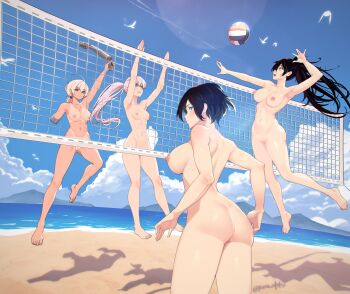 4girls absurdres amputee ass back ball beach black_hair blue_eyes breasts casual_nudity completely_nude eri_(uragoner) highres jumping kuso_otoko multiple_girls nipples nude nudist outdoors ponytail prosthesis prosthetic_arm pussy sera_(judgemint) short_hair tan tanline uragoner volleyball volleyball_(object) volleyball_net white_hair yellow_eyes