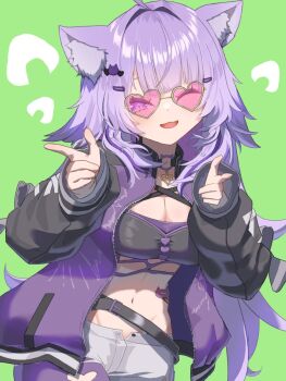 Rule 34 | 1girl, :3, animal ear fluff, animal ears, black bra, bra, breasts, cat ears, cat girl, commentary request, fangs, green background, highres, hololive, jacket, large breasts, long hair, nekomata okayu, one eye closed, open clothes, open jacket, pantyhose, pantyhose under shorts, parted lips, pointing, pointing at viewer, purple eyes, purple hair, purple jacket, purple pantyhose, remynoue, shorts, smile, underwear, virtual youtuber, white shorts
