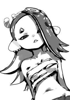 1girl arms_behind_back asymmetrical_bangs breasts budget_sarashi cephalopod_eyes chest_sarashi chestnut_mouth colored_inner_hair commentary_request dot_nose earrings greyscale groin hair_over_one_eye highres jewelry koharu2.5 long_hair looking_at_viewer medium_breasts mole mole_on_stomach monochrome multicolored_hair multiple_earrings narrowed_eyes navel nintendo octoling sarashi shiver_(splatoon) simple_background solo splatoon_(series) tentacle_hair upper_body white_background