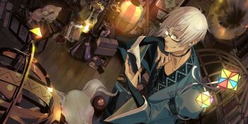 1boy black_choker book bookshelf broom card choker closed_mouth commentary daruma_doll drum english_commentary game_cg glasses grey_hair highres holding holding_book indoors instrument jar kourindou lamp long_sleeves looking_at_viewer male_focus maneki-neko mitsudomoe_(shape) morichika_rinnosuke official_art ofuda open_book phonograph potion red_eyes short_hair skull smile solo suzuki_jirou table taiko_drum third-party_source tomoe_(symbol) touhou touhou_lostword transparent_background treasure_chest wide_sleeves