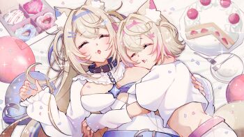 2girls animal_ear_fluff animal_ears arm_warmers balloon blonde_hair blue_hair blue_hairband breasts cake cleavage commentary dog_ears dog_girl dog_tail fake_horns food food_on_face fork fuwawa_abyssgard fuwawa_abyssgard_(1st_costume) hair_between_eyes hair_ornament hairband highres hololive hololive_english horns hug large_breasts long_hair long_sleeves midriff mococo_abyssgard mococo_abyssgard_(1st_costume) multicolored_hair multiple_girls open_mouth pink_hair pink_hairband plate satsuki_(pixiv_742410) siblings sisters sleeping tail virtual_youtuber x_hair_ornament