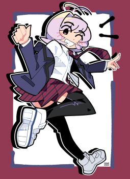 absurdres androgynous antenna_hair black_thighhighs blue_jacket bourbunbun commentary diagonal-striped_clothes diagonal-striped_skirt english_commentary highres itan_private_high_school_uniform jacket komi-san_wa_komyushou_desu necktie one_eye_closed osana_najimi_(komi-san_wa_komyushou_desu) purple_hair school_uniform shoes skirt striped_clothes striped_necktie striped_skirt thighhighs white_shoes