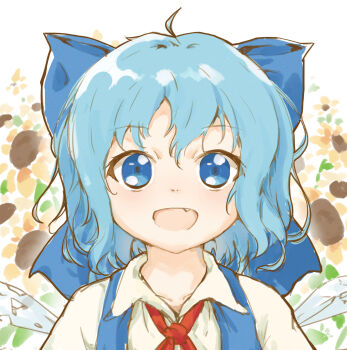 Rule 34 | 1girl, absurdres, blue hair, blue ribbon, cirno, collared shirt, flower, gykleo, hair between eyes, hair ribbon, highres, looking at viewer, neck ribbon, open mouth, red ribbon, ribbon, shirt, short hair, smile, solo, sunflower, touhou, white shirt