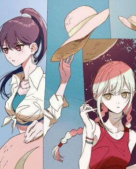 2girls bang_dream! bang_dream!_it's_mygo!!!!! black_hair bloom_into_me15 bracelet braid breasts commentary_request green_hair hat highres jewelry long_hair medium_breasts mole mole_under_eye multiple_girls open_mouth ponytail purple_eyes red_tank_top shiina_taki shirt sun_hat tank_top tied_shirt twin_braids wakaba_mutsumi