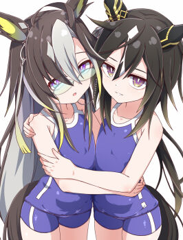 2girls ahoge animal_ears black_hair breasts brown_hair colored_inner_hair commentary_request dream_journey_(umamusume) ear_covers ear_ornament eyewear_strap glasses gradient_hair hair_between_eyes hiro_(pqtks113) horse_ears horse_girl horse_tail hug long_hair looking_at_viewer multicolored_hair multiple_girls multiple_tails open_mouth purple_eyes school_swimsuit single_hair_intake small_breasts smile stay_gold_(umamusume) streaked_hair swimsuit tail tracen_swimsuit umamusume white_hair