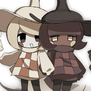 2others black_eyes blonde_hair blush_stickers brown_hair checkered_clothes cookie_run cookie_run:_kingdom dark_skin hakutouyu hat highres long_sleeves multiple_others pale_skin pawn_black_cookie pawn_white_cookie short_hair siblings twins white_background white_eyes