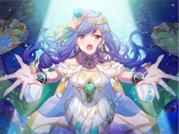 1girl blue_hair bracer breasts collarbone dress earrings furrowed_brow game_cg headpiece jewelry judgement_(tarot) kochou_shizuha long_hair looking_at_viewer medium_breasts official_art open_mouth purple_eyes reaching reaching_towards_viewer shoujo_kageki_revue_starlight shoujo_kageki_revue_starlight_-re_live- solo spotlight tarot upper_body wavy_hair white_dress