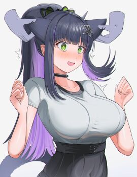 1girl 1other ^^^ absurdres animal_ears arknights black_hair black_skirt breasts cat_ears cat_girl cat_tail collarbone commentary_request covered_navel disembodied_hand grabbing_another's_ear grey_background grey_shirt hand_on_another's_ear hands_up highres jessica_(arknights) jessica_the_liberated_(arknights) large_breasts long_hair multicolored_hair ponytail purple_hair shirt short_sleeves simple_background skirt spam_(spamham4506) spasm streaked_hair surprised tail two-tone_hair very_long_hair