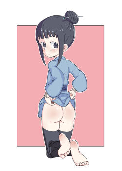 1girl absurdres ass barefoot black_eyes black_hair black_thighhighs border closed_mouth clothes_lift feet female_focus fishnet_armwear from_behind full_body hair_bun hair_ornament hairpin highres japanese_clothes kimono kimono_lift kneeling kunoichi_tsubaki_no_mune_no_uchi leims_(urje8584) loli long_sleeves matching_hair/eyes mokuren_(kunoichi_tsubaki_no_mune_no_uchi) no_panties pink_background shiny_skin simple_background soles solo thighhighs toes white_border