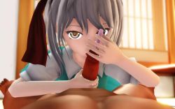 1boy 1girl animated ascot black_ascot black_hairband brown_eyes censored clothed_male_nude_male green_skirt green_vest grey_hair hairband handjob hetero indoors konpaku_youmu looking_at_viewer mikumikudance mosaic_censoring nude open_mouth penis pmuosu pov sex_toy sextoy short_hair skirt smile solo_focus sounding touhou urethral_insertion vest video