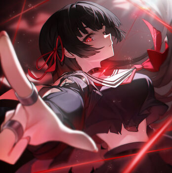 1girl absurdres black_choker black_hair breasts chisa_(wuthering_waves) choker closed_mouth commentary cowboy_shot crop_top fingernails from_side hair_ribbon highres kooring long_hair looking_at_viewer looking_to_the_side medium_breasts mole mole_under_eye neckerchief outstretched_arm red_eyes red_neckerchief red_ribbon ribbon sailor_collar solo white_sailor_collar wuthering_waves