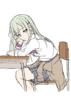 1girl :/ alternate_costume arm_on_table arm_rest bang_dream! bang_dream!_it&#039;s_mygo!!!!! bead_bracelet beads bow bowtie bracelet breast_pocket brown_cardigan cardigan cardigan_around_waist chair chinese_commentary closed_mouth clothes_around_waist commentary_request cropped_legs desk dress_shirt earrings elbow_on_table elbow_rest expressionless flat_color from_side green_hair grey_skirt gyaru hair_ornament hairclip hand_on_own_face head_rest highres hunched_over jewelry kogal kurare_0725 long_hair long_sleeves looking_at_viewer miniskirt object_in_pocket on_chair pink_bow pink_bowtie pink_scrunchie plaid_clothes plaid_skirt pleated_skirt pocket school_chair school_desk school_uniform scrunchie shirt shirt_tucked_in simple_background sitting sketch skirt solo straight_hair stud_earrings turning_head wakaba_mutsumi white_background white_shirt winter_uniform wrist_scrunchie yellow_eyes
