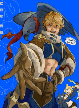 1boy 1girl 2025 bird blonde_hair blue_background blue_eyes blue_pants blue_shirt brown_gloves brown_jacket brown_pants brown_shorts chest_harness chinese_commentary chinese_zodiac commentary_request cowboy_shot crop_top dated_commentary eyes_visible_through_hair fur-trimmed_sleeves fur_collar fur_trim gloves hair_between_eyes happy_new_year harness hawk hawk_(ragnarok_online) jacket looking_at_viewer male_focus midriff multicolored_pants navel new_year one_eye_closed open_mouth pants ragnarok_online reaching reaching_towards_viewer shirt short_hair shorts shrug_(clothing) smile snake solo_focus wind_hawk_(ragnarok_online) wolf year_of_the_snake yellow_eyes z.i