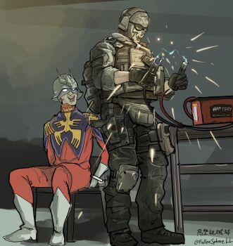 2boys artist_name battery boots call_of_duty call_of_duty:_modern_warfare_(2019) chair char_aznable electricity fallenspherell ghost_(modern_warfare_2) gundam headset helmet highres implied_torture knee_pads mask military_uniform mobile_suit_gundam multiple_boys signature skull_mask sunglasses table