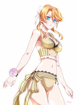 1girl artist_name bikini blue_eyes blush breasts cleavage curtained_hair earrings hair_between_eyes hair_bun jewelry large_breasts laxia_von_roswell looking_at_viewer midriff navel parted_bangs sideburns simple_background solo swimsuit white_background wrist_flower wristband xiacheng_tatsuya ys ys_viii:_lacrimosa_of_dana