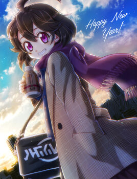 1girl 2020 ahoge arms_(game) bag bottle brown_hair building casual cloud coat commentary_request dated hand_in_pocket happy_new_year highres hizuki_(hiduki6121) looking_at_viewer mechanica_(arms) medium_hair new_year outdoors plaid_clothes plaid_coat purple_eyes purple_scarf scarf shoulder_bag sky skyscraper smile solo teeth