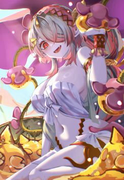 1girl absurdres armlet bare_shoulders blue_butterfly bracelet breasts bug butterfly collarbone commentary_request crop_top crossed_arms duel_monster fang feet_out_of_frame hair_over_one_eye highres insect jewelry large_breasts long_hair looking_at_viewer multicolored_hair noagen open_mouth pink_eyes pink_hair smile solo strapless traptrix_pinguicula very_long_hair white_hair yu-gi-oh!