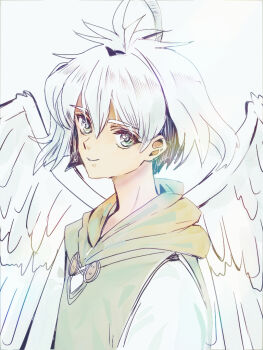 1boy angel_wings chaos_(xenosaga) closed_mouth commentary_request green_hood looking_at_viewer male_focus mon_7291 short_hair smile solo spoilers white_hair wings xenosaga xenosaga_episode_iii