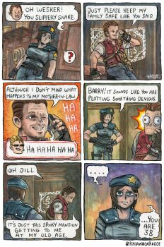 ... 1girl 2boys ? absurdres albert_wesker artist_name barry_burton beard_stubble beret black_gloves blue_hat blue_shirt brown_hair commentary english_commentary facial_hair fingerless_gloves gloves hands_on_own_hips hat highres jill_valentine multiple_boys resident_evil resident_evil_1 rhiannon_kagoe shirt stubble