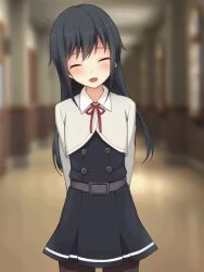 &gt;_&lt; 1girl =_= aged_up animated arms_behind_back artist_self-reference asashio_(kancolle) asashio_kai_ni_(kancolle) averting_eyes belt black_hair black_pantyhose blurry blush bra buttons closed_eyes commentary_request covering_own_mouth cowboy_shot depth_of_field double-breasted drawing_(object) dress embarrassed female_focus hallway holding indoors interior kantai_collection long_hair long_sleeves looking_at_viewer looking_away lowres nagami_yuu neck_ribbon open_mouth panties pantyhose pinafore_dress red_ribbon ribbon school_uniform shaking_head sleeveless sleeveless_dress smile solo tagme underwear video wavy_mouth