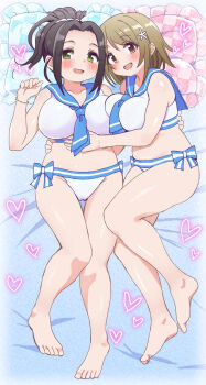 2girls absurdres belly bikini black_hair blue_sailor_collar bracelet breasts brown_eyes brown_hair commentary_request commission curvy ebihara_naho green_eyes heart highres idolmaster idolmaster_cinderella_girls jewelry kotaro large_breasts large_variant_set lying mimura_kanako multiple_girls on_back open_mouth pillow ponytail sailor_bikini sailor_collar skeb_commission smile swimsuit thigh_gap variant_set white_bikini