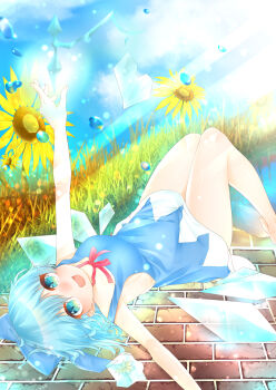 1girl :d absurdres arm_up ayatokiji bad_id bad_pixiv_id bare_arms bare_legs barefoot blue_bow blue_dress blue_eyes blue_hair blue_sky blush bow breasts brick_floor cirno cloud cloudy_sky collarbone commentary_request day dress eyelashes eyes_visible_through_hair female_focus fingernails flower frozen_flower grass hair_between_eyes hair_bow highres ice ice_wings knees_together_feet_apart knees_up large_breasts looking_at_viewer lying magic neck_ribbon no_bra no_shirt nose_blush on_back open_mouth outdoors outstretched_arms parted_lips pinafore_dress red_ribbon ribbon short_eyebrows short_hair sideboob sky sleeveless sleeveless_dress smile solo summoning sunflower sunlight thighs touhou water water_drop wings