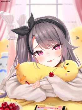 &gt;_&lt; 1girl :3 :p absurdres ahoge artist_name azur_lane baby_animal backlighting bare_legs bird black_hair blurry blurry_background blush bowl brown_cardigan cardigan cat cellphone cherry chick commentary_request curtains feet feet_up food fruit hairband head_rest highres indoors long_hair long_sleeves looking_at_viewer lying manjuu_(azur_lane) meowfficer_(azur_lane) no_shoes nobukusa0209 official_alternate_costume on_stomach one_side_up open_mouth pamiat_merkuria_(azur_lane) pamiat_merkuria_(sweet_cherry_memories)_(azur_lane) phone pillow pom_pom_(clothes) purple_eyes sleeves_past_wrists smartphone smile socks stuffed_animal stuffed_toy sunlight the_pose tongue tongue_out translation_request white_cat white_socks window
